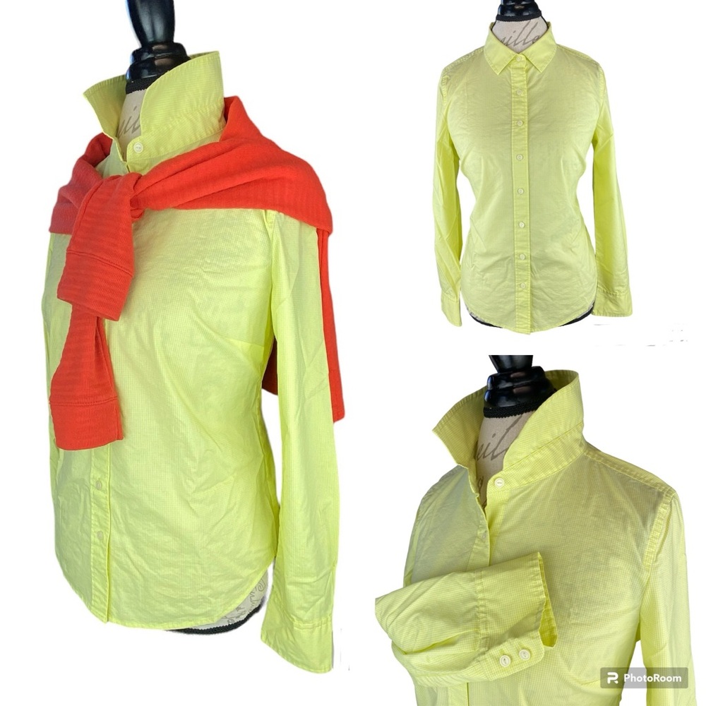 Halogen Gingham Yellow Lime Button Collar Long Sl… - image 1